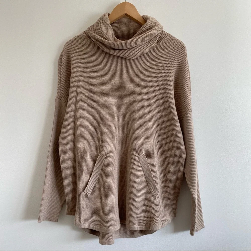 Tribal Women's Cowl-neck Sweater, 100% Cotton, Fake Pocket, Tan, Size M